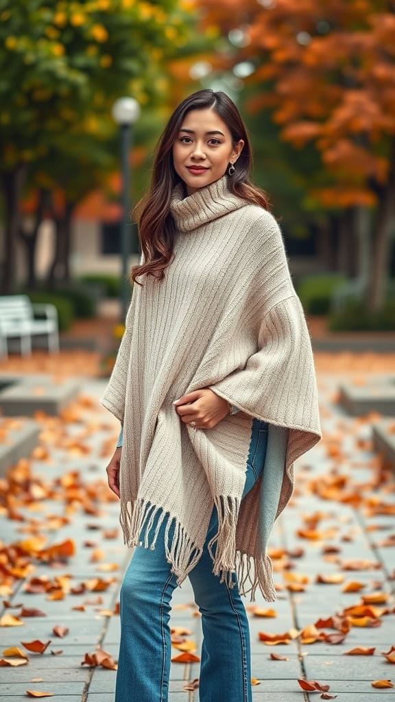 A woman in a knitted poncho and jeans stands amidst fallen leaves in a park.