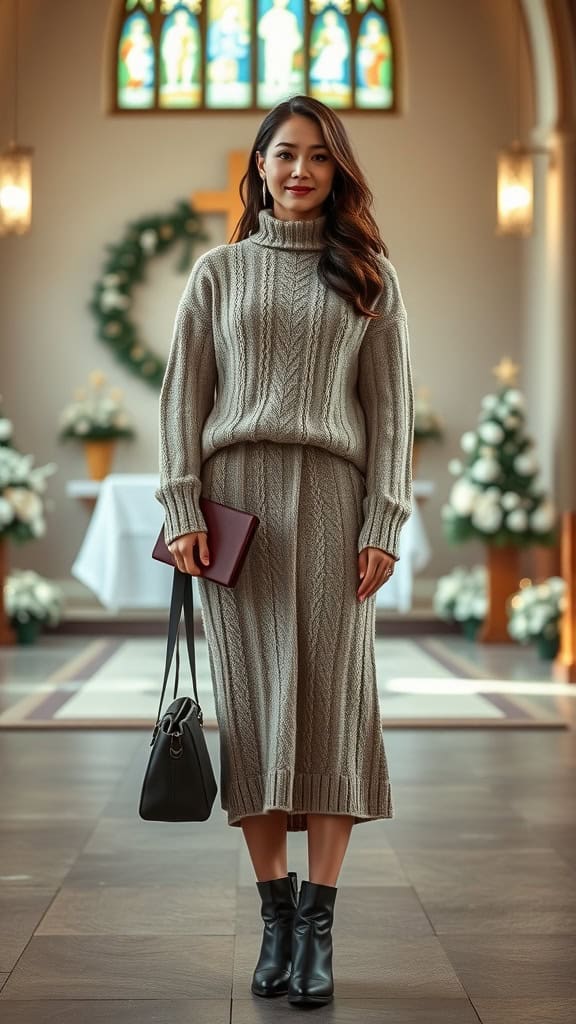 A woman in a cozy knitted matching set with a sweater and midi skirt, wearing black booties, in a church setting.