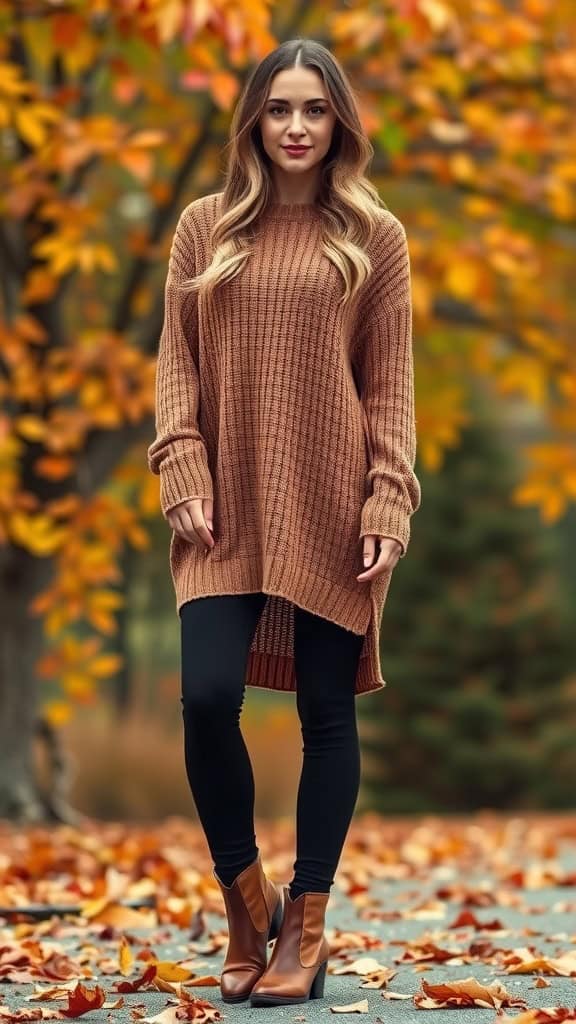 A woman wearing a knitted tunic, black leggings, and ankle boots, walking on a leaf-covered path in autumn.