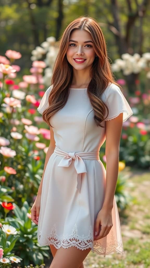 A lace-trimmed dress with a belted waist displayed on a mannequin amidst blooming flowers.