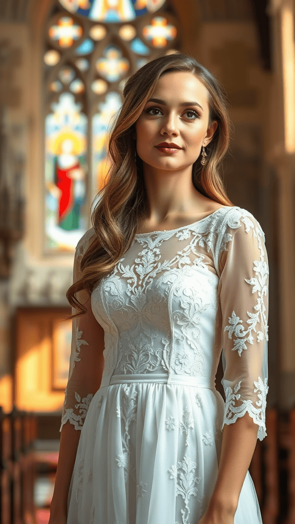 A stylish lace church dress displayed in a beautiful church setting with stained glass windows.