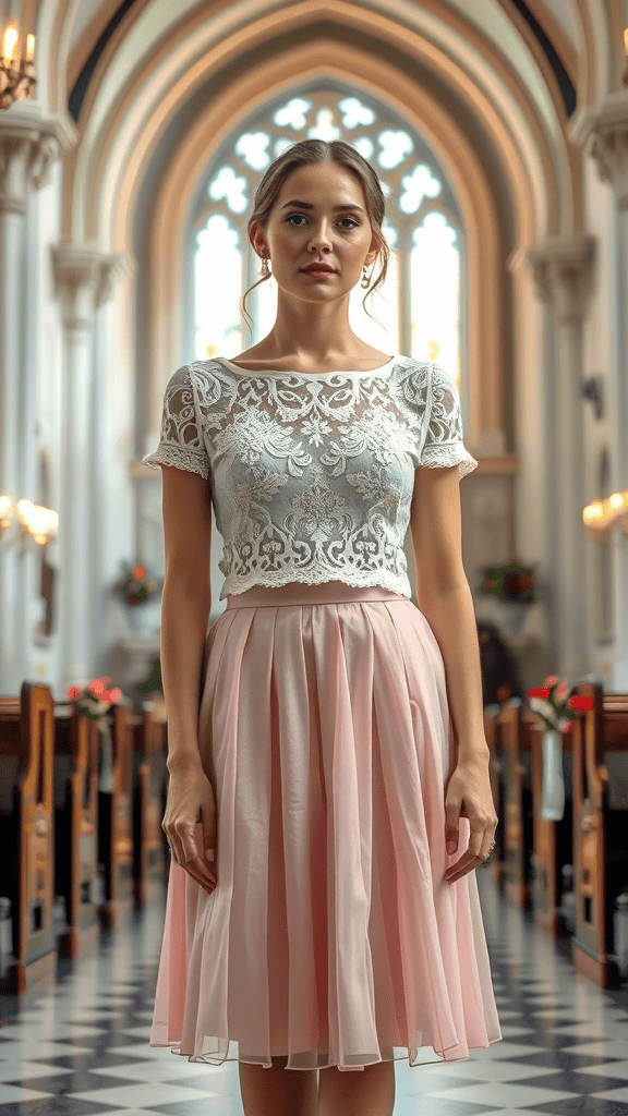 A lace top and A-line skirt displayed on a mannequin in a church setting