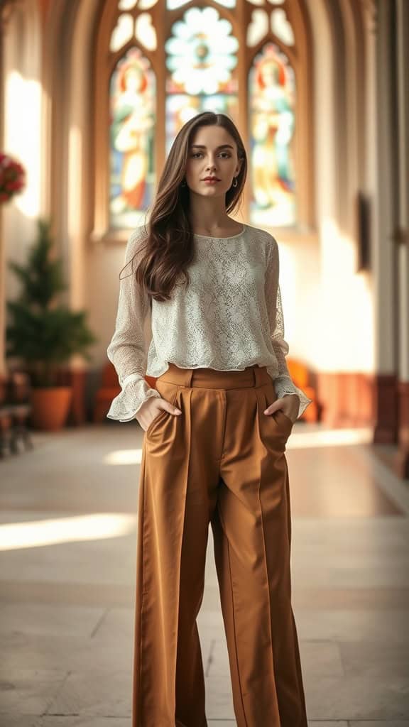 A woman wearing a lace top and high-waist trousers, standing in a church with stained glass windows.