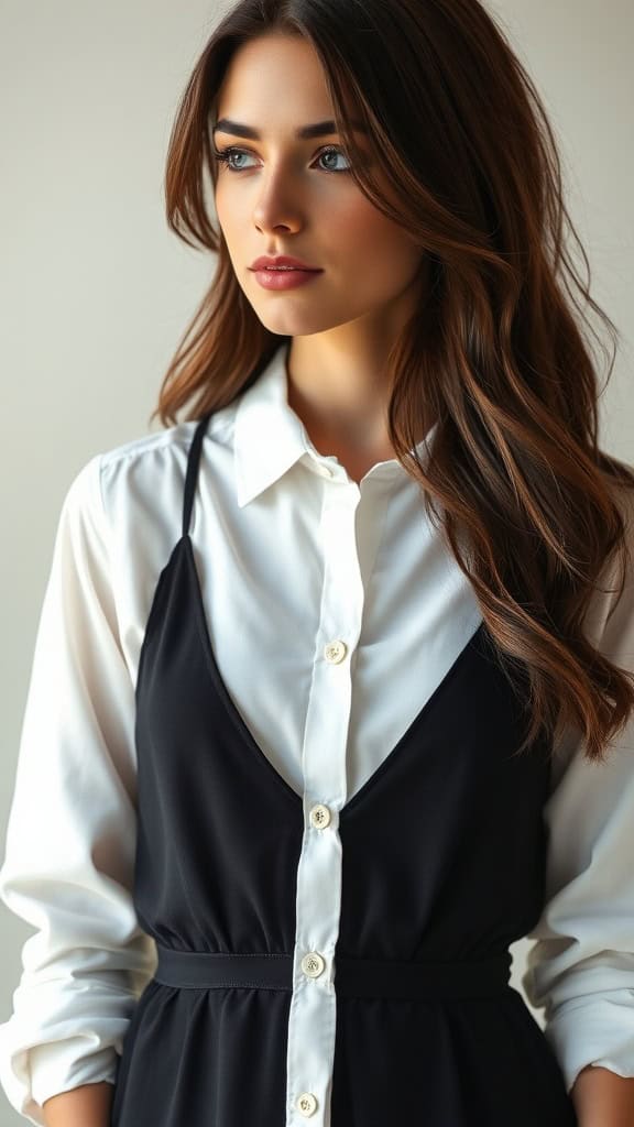 Model wearing a layered black slip dress over a white button-down shirt, showcasing a modest and stylish outfit.