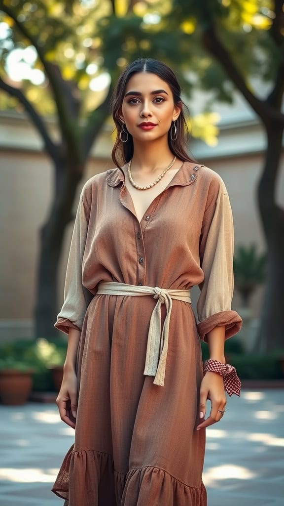 A model in a layered bohemian dress with a neutral waist belt, set against a leafy background.