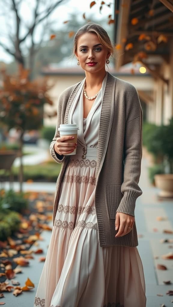 A woman in a beige cardigan over a midi dress, holding a coffee cup, standing outdoors with fall leaves around.