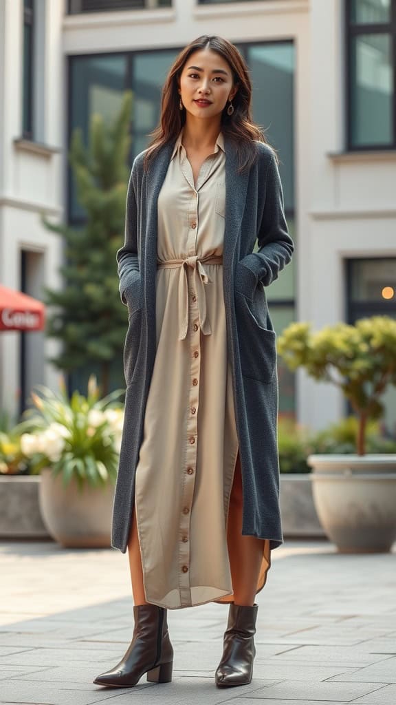 A woman in a beige shirt dress, long gray cardigan, and ankle boots, standing outdoors.