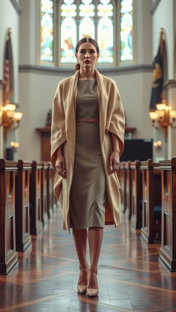 A stylish girl modeling a modest church outfit with a shawl in a serene church setting, highlighting elegant layering and classic footwear.