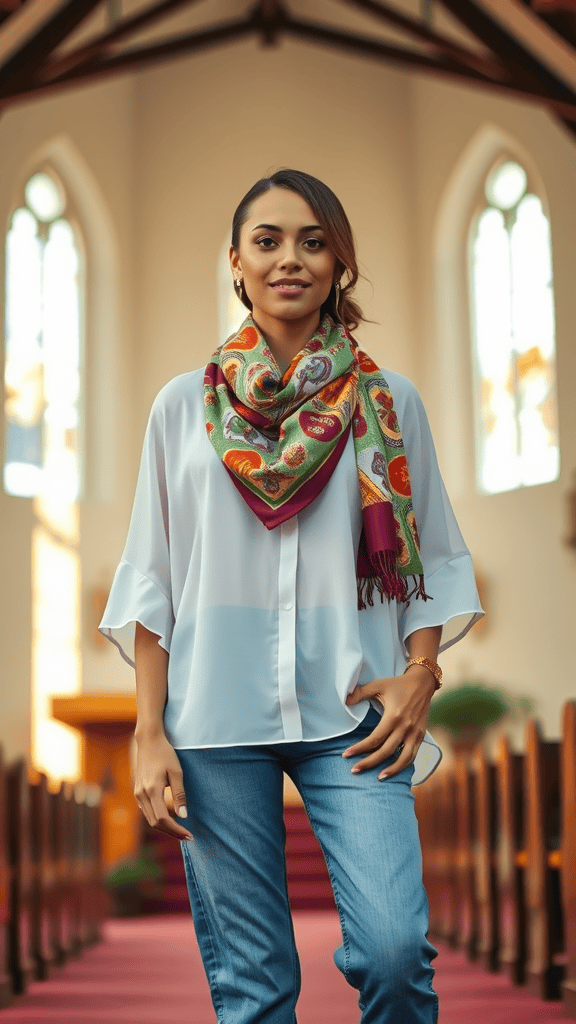 A woman wearing straight jeans, a blouse, and a patterned scarf in a church setting.