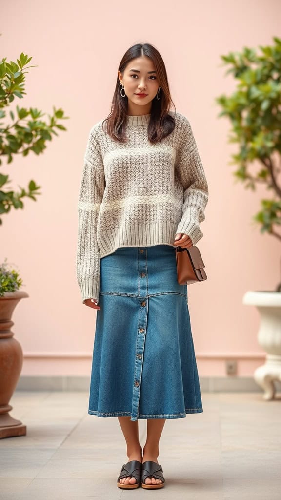 A woman wearing a cozy oversized sweater paired with a denim skirt, showcasing a modest Y2K outfit.