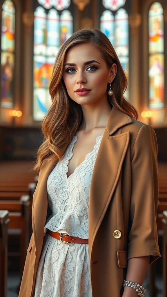 A mannequin dressed in a lace dress and mustard blazer, with pearl studs, set against a backdrop of stained glass windows.