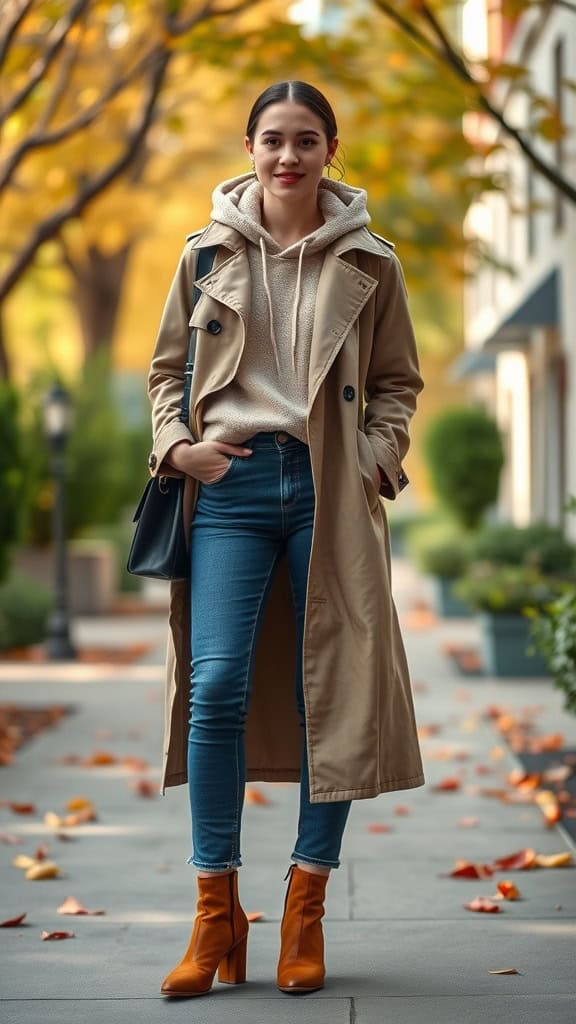 A girl wearing a layered hoodie and long coat, styled with jeans and boots, walking in a fall setting.