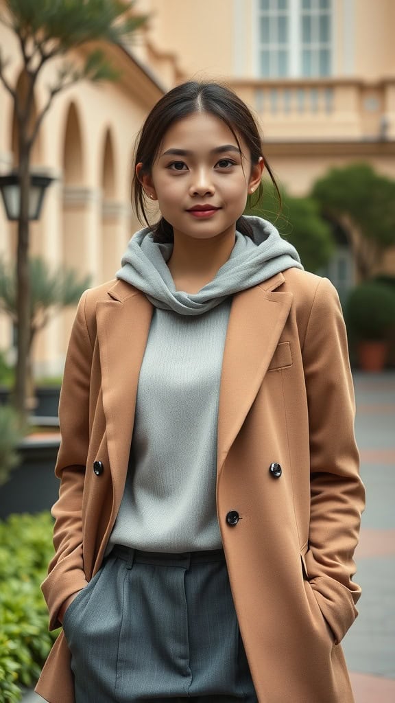 A young woman wearing a gray hoodie under a brown tailored blazer, posing confidently outdoors.