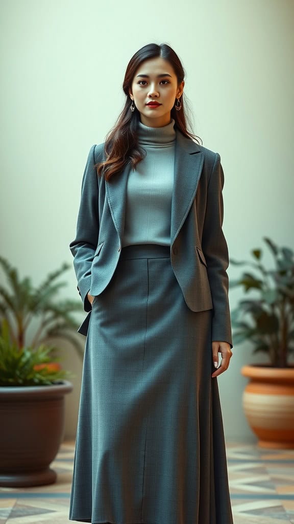 A woman in a stylish layered outfit featuring a midi skirt, turtleneck, and tailored blazer, standing in an indoor setting.