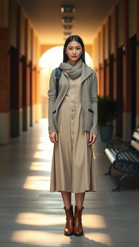 A young woman wearing a beige midi dress, a gray cardigan, and brown ankle boots, standing in a well-lit hallway.