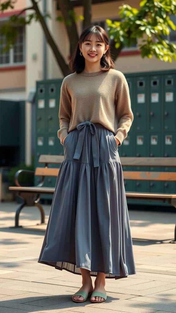 A girl wearing a maxi dress with a cropped sweater and flat sandals, standing in a school setting.