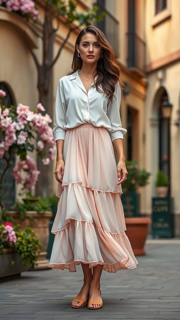 A woman standing in a layered midi skirt and white blouse in a picturesque street, surrounded by flowers.