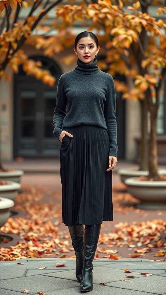 A model wearing a dark gray turtleneck sweater, pleated black midi skirt, and knee-high black boots walking through a fall setting with orange leaves.