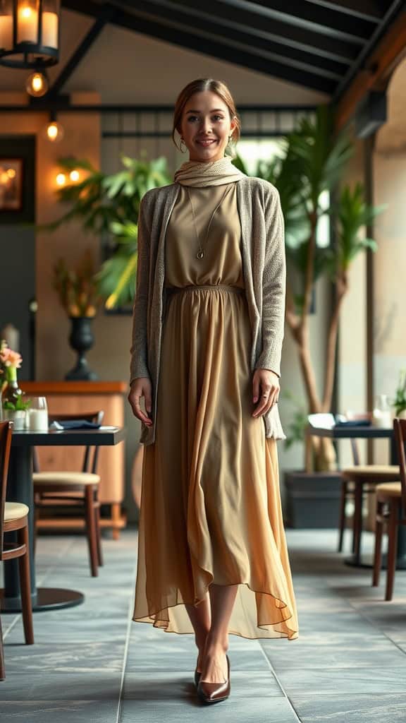 A woman wearing a beige midi dress and a cardigan, standing in a restaurant setting