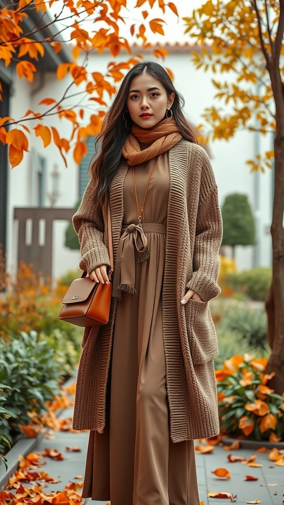 A woman in a long cardigan over a midi dress, surrounded by autumn leaves.