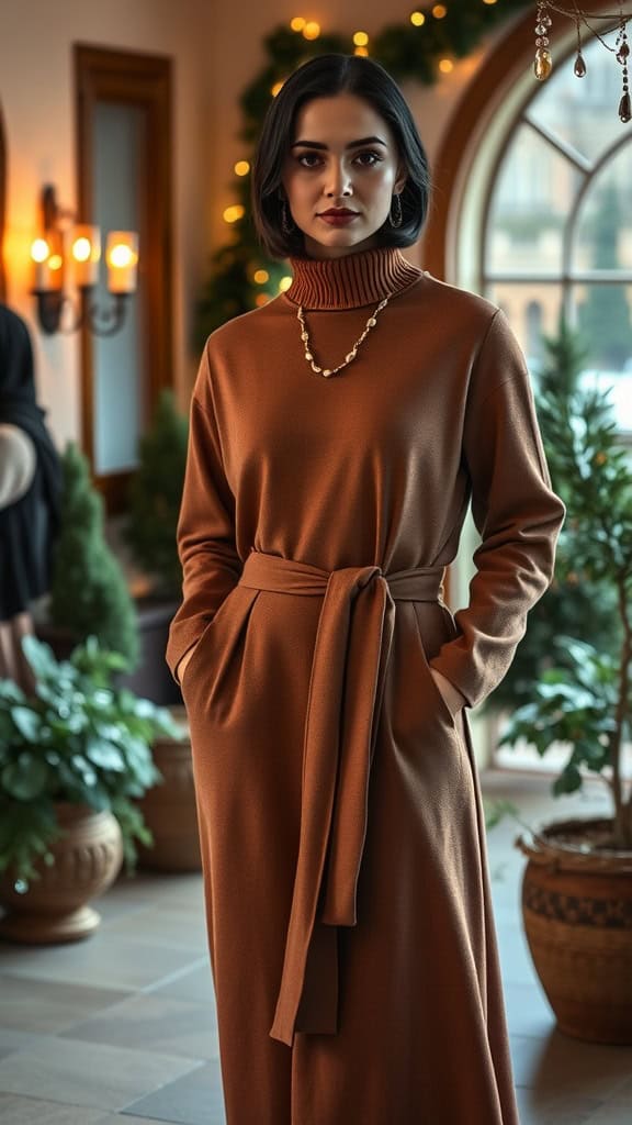 A woman in a brown long dress with a turtleneck and belt, surrounded by festive decor.