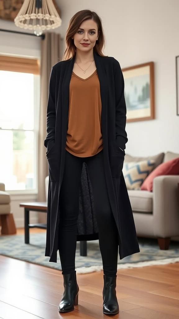 A woman in a long cardigan, black leggings, and ankle boots, styled modestly in a cozy indoor setting.