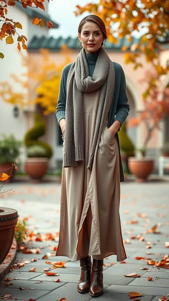 A woman wearing a turtleneck and a slip dress in autumn setting.