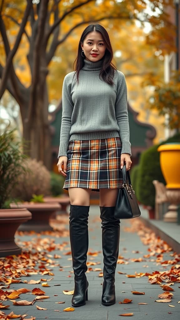 A woman wearing a grey sweater and plaid skirt with knee-high boots, surrounded by autumn leaves.