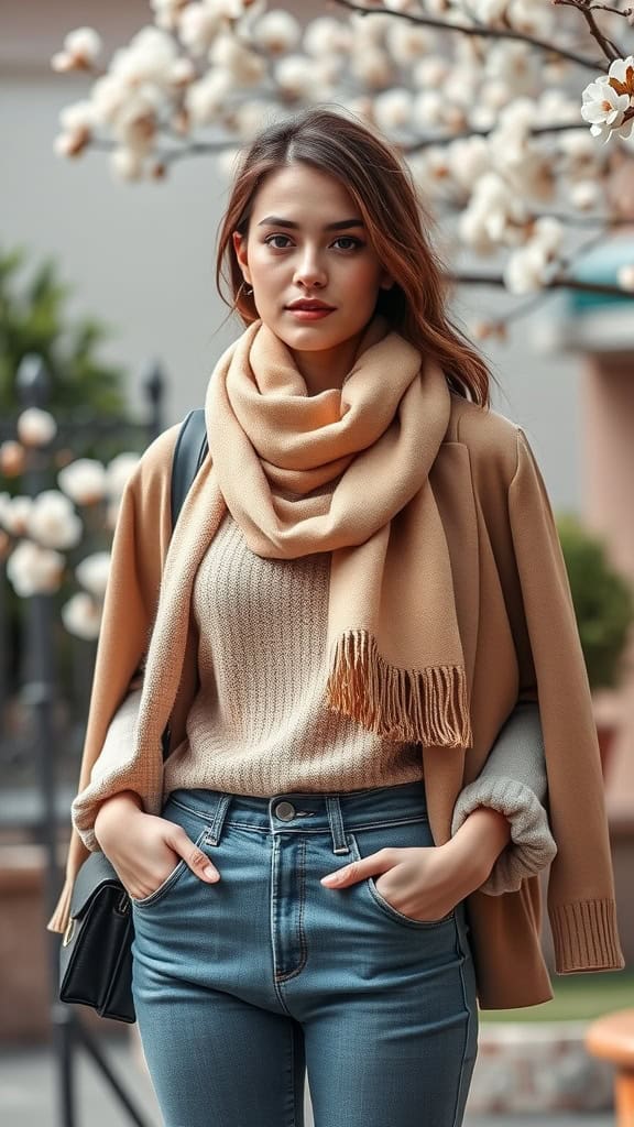 A woman wearing a beige sweater, scarf, and cropped jacket, standing in spring, surrounded by flowers.