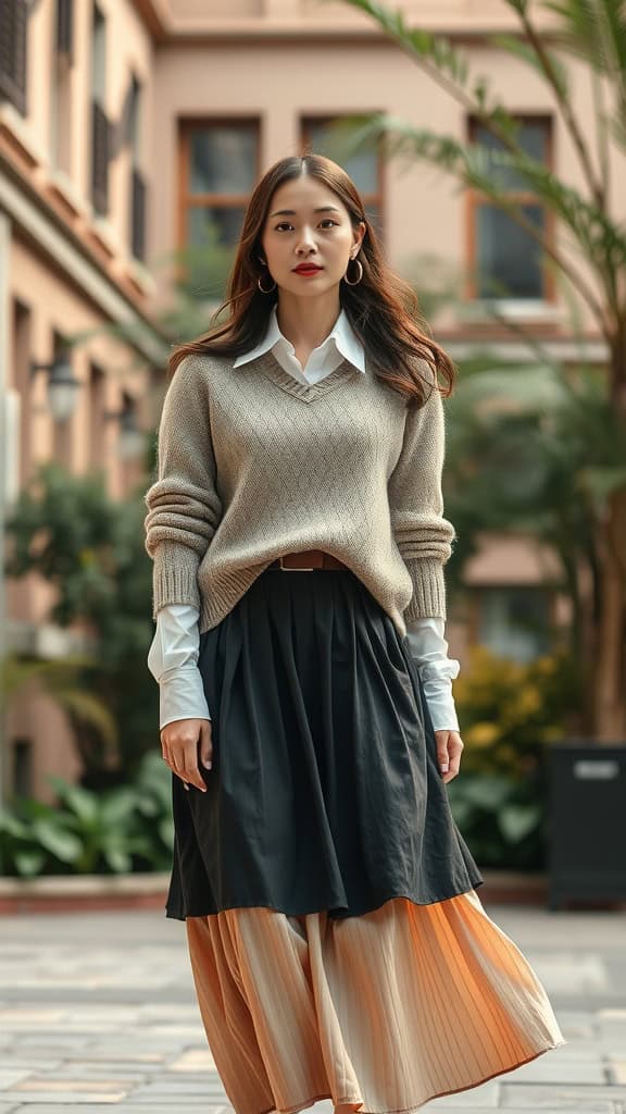 A woman in a cozy sweater layered over a collared shirt, paired with a pleated midi skirt in a serene outdoor setting.