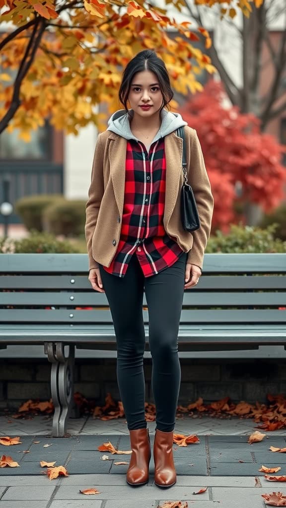 A young woman in a layered autumn outfit featuring a red and black plaid flannel shirt, grey hoodie, and brown ankle boots, standing in a park with autumn leaves.