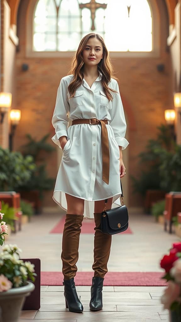 A woman wearing a white shirt dress with a belt and knee-high boots, standing in a church setting.