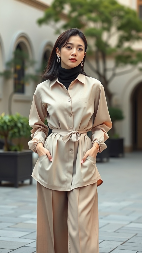 A woman wearing a beige layered shirt dress over cropped trousers, styled with statement earrings.