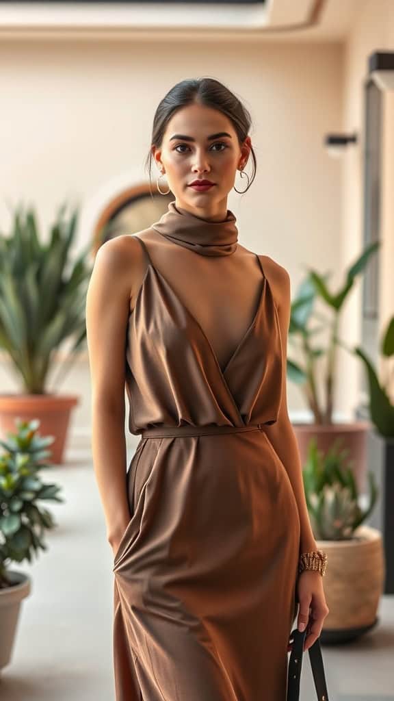 A woman wearing a layered slip dress over a turtleneck, exuding a chic and modest work outfit style.