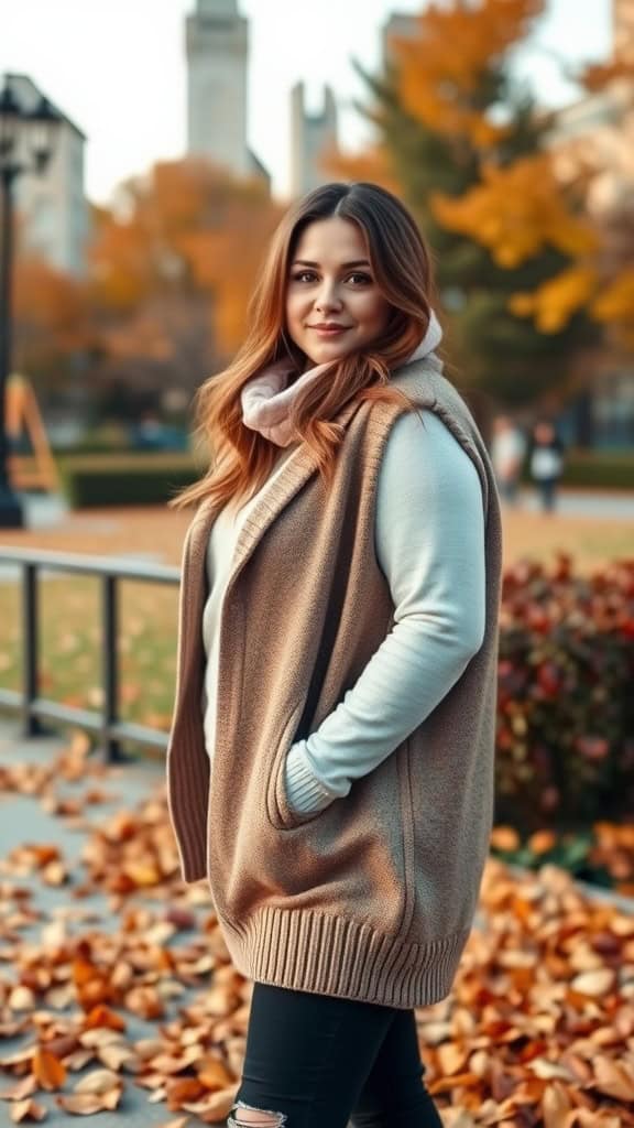 A woman walking on a path covered with autumn leaves, wearing a layered sweater vest, gray turtleneck, and black leggings.