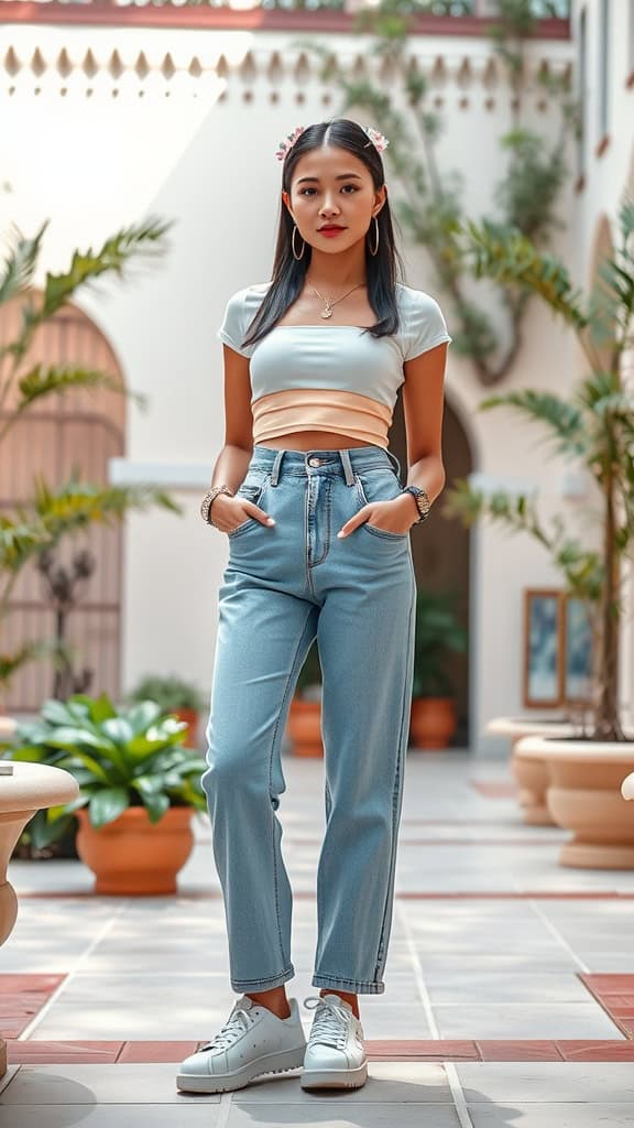 A model wearing a layered tube top over a long sleeve tee, paired with denim jeans and stylish shoes, embodying a modest Y2K aesthetic.