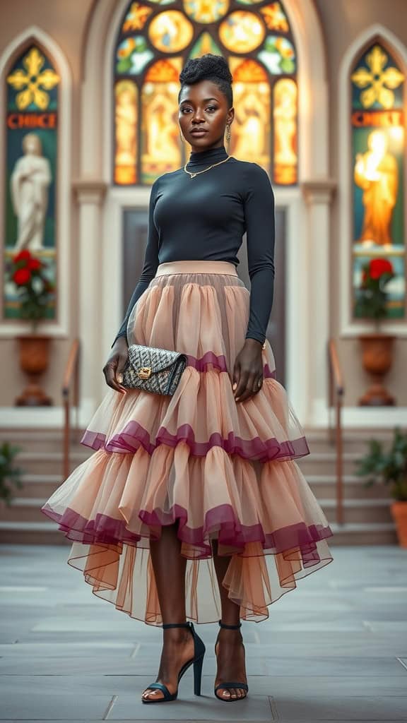 A woman wearing a layered tulle skirt with a fitted top, standing in a church setting.