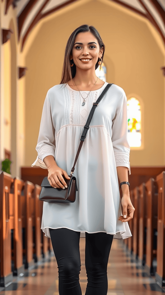 Layered tunic and leggings outfit displayed in a church setting