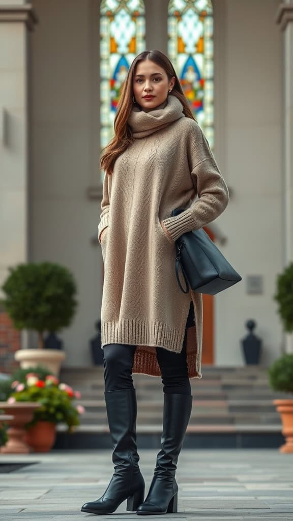 A woman in a cozy beige tunic sweater, black leggings, and tall boots, standing in front of a church.