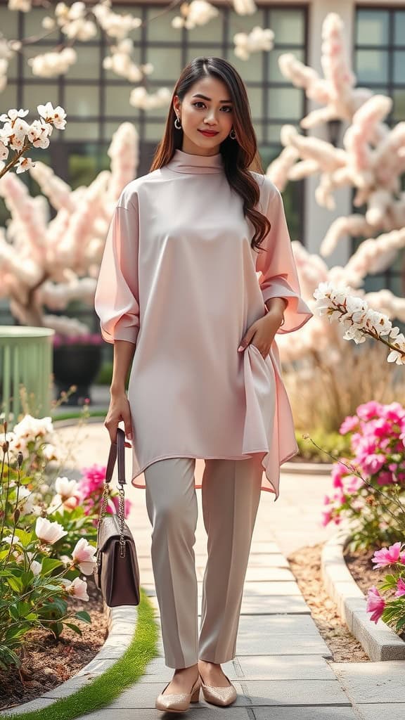 A woman wearing a pink layered tunic over slim pants, surrounded by flowers in a spring setting.