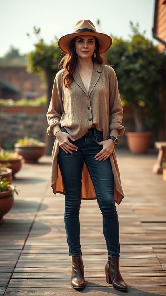 A woman wearing a layered tunic over skinny jeans with brown heeled boots and a hat, standing outdoors.