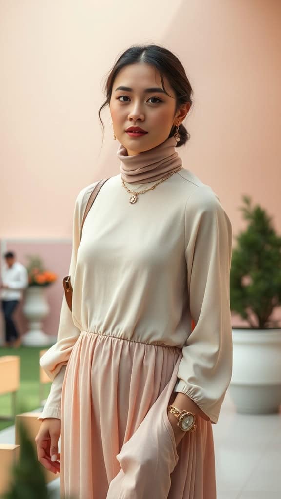 A woman wearing a layered turtleneck and slip dress, exuding a modest yet elegant style.