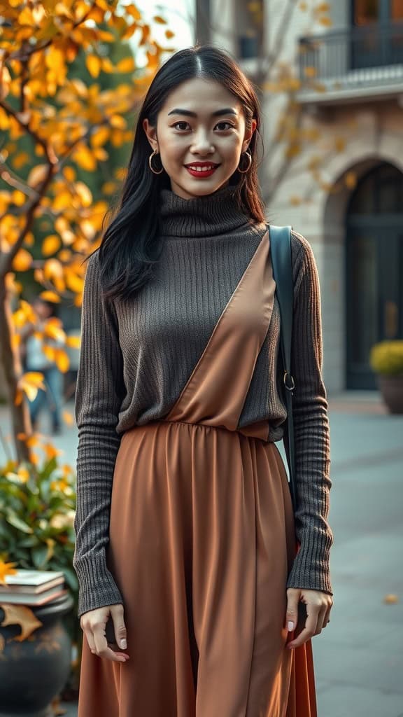 A woman wearing a layered turtleneck and a slip dress, smiling confidently outdoors.