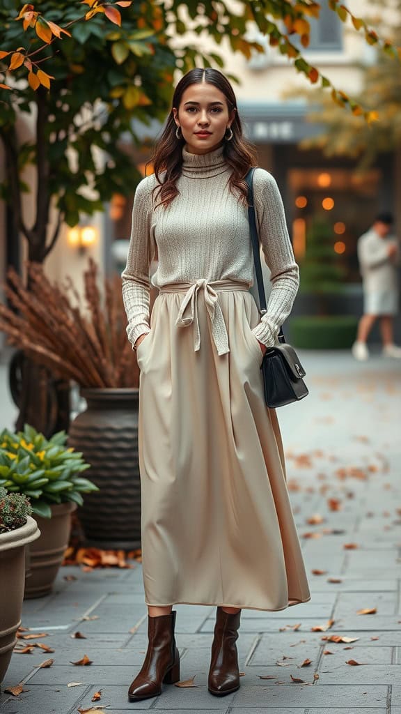 A woman in a cozy turtleneck and a flowing slip dress, accessorized with ankle boots and a crossbody bag, standing in a city setting surrounded by autumn leaves.