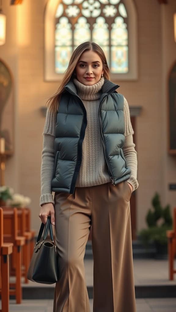 A woman wearing a stylish layered outfit with a puffer vest, sweater, and wide-leg pants, standing in a church setting.