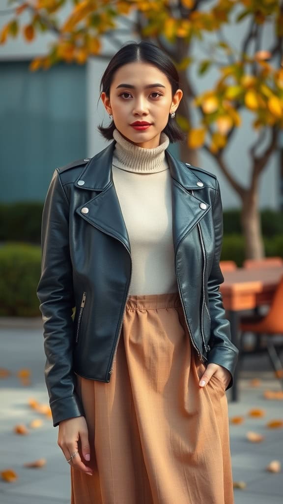 A person wearing a leather jacket over a turtleneck dress, standing outdoors with autumnal colors in the background.