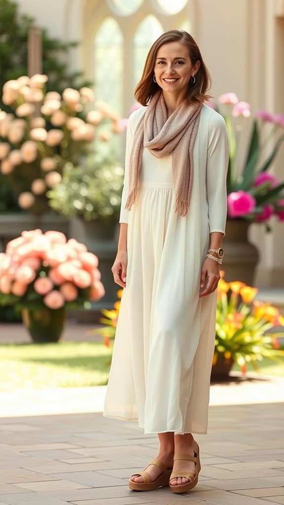 A woman wearing a light cotton sundress, a lightweight scarf, and comfortable wedges, standing in a garden with colorful flowers.