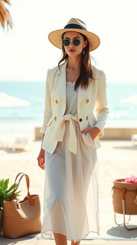 A woman wearing a white midi dress with a fitted blazer, wide-brimmed hat, and sunglasses by the beach.