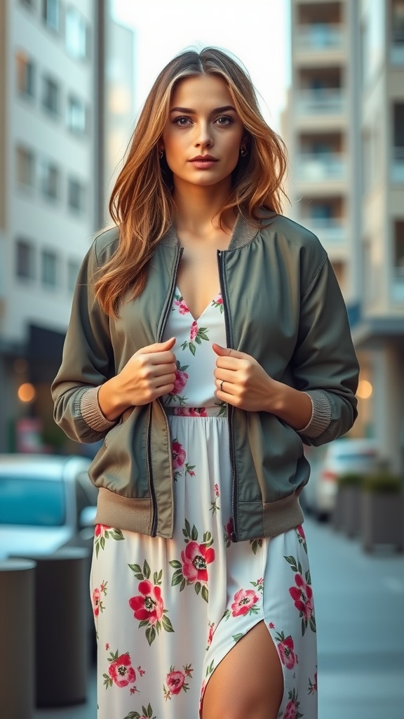 A lightweight bomber jacket over a flowy floral dress, showcasing a modest and stylish outfit.