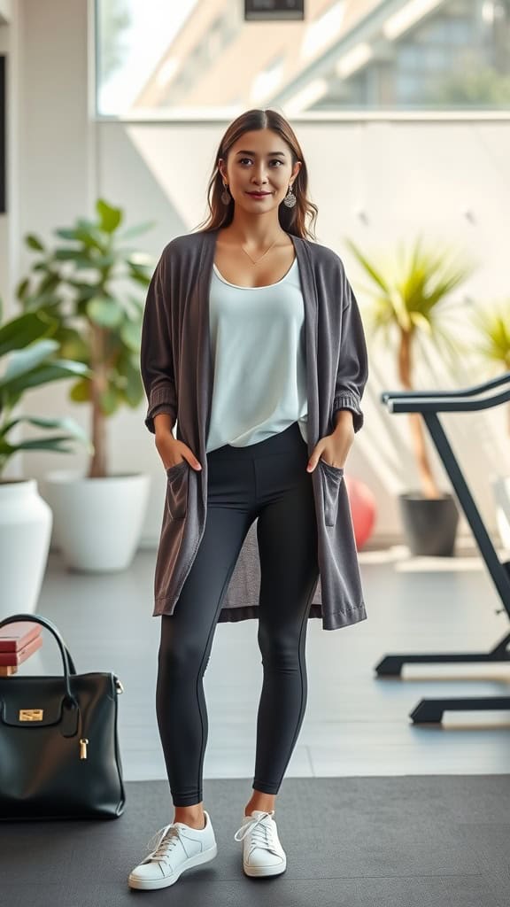 A woman in a lightweight cardigan over a tank top, styled for a modest gym outfit.